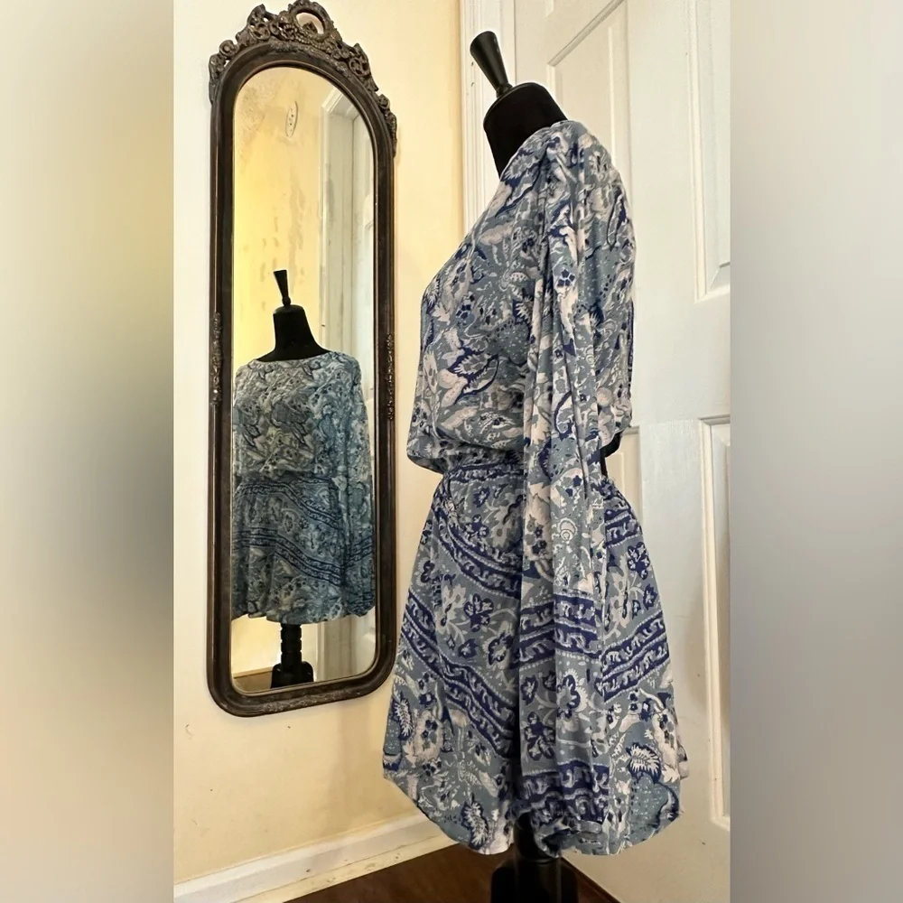 Free People Blue Printed Boho Open Back Mini Dress